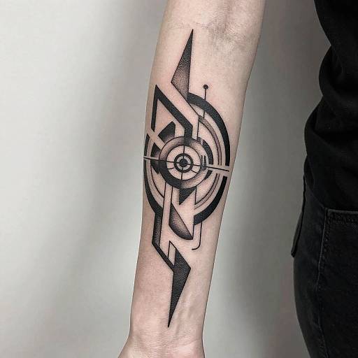 Photograph of a black, geometric tattoo on a pale forearm featuring a compass-like design with sharp, angular lines. Background is plain white.