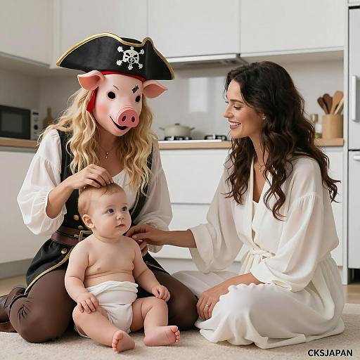 Woman in pirate costume with baby in modern kitchen