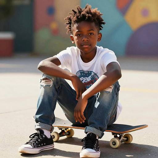 Photograph of a young African-American boy with short, curly hair, wearing a white T-shirt, ripped jeans, and black sneakers, sitting on a