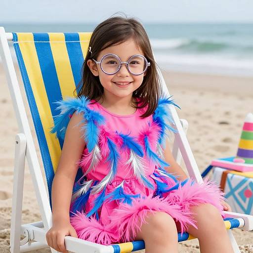 Photograph of a young Asian girl with long dark hair, wearing oversized round glasses and a vibrant pink and blue feather dress, sitting on a blue and