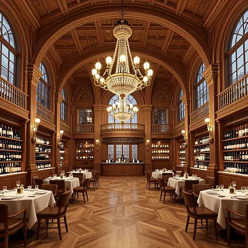 Photograph of an opulent, vintage-style library restaurant with grand chandeliers, high arched windows, wooden bookshelves, and neatly set