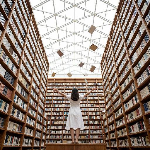 Photograph of a woman in a white dress, arms outstretched, standing in a vast, sunlit library with tall bookshelves.