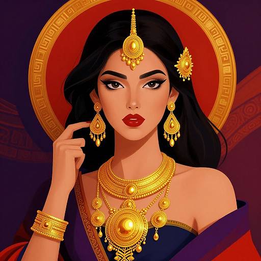 Digital artwork of a beautiful Indian woman with black hair, red lips, and golden jewelry, wearing a dark blue dress, against a red and gold circular