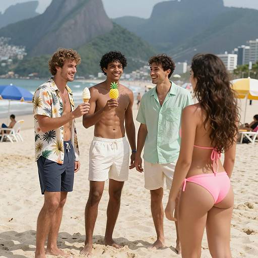 Young friends enjoying sunny day at tropical beach