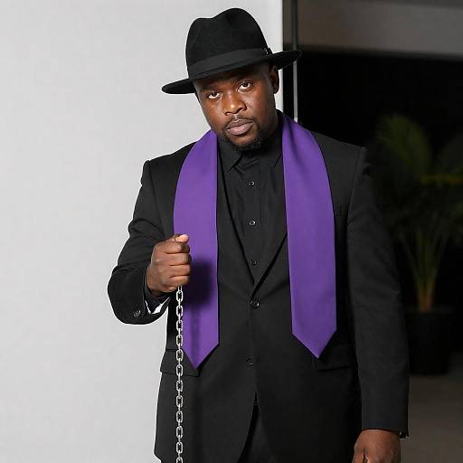 Serious Black Man in Black Suit with Purple Stole Holding Chain