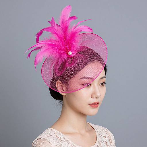 Photograph of an Asian woman with fair skin, wearing a white lace top and a vibrant pink feathered mesh headpiece, against a plain blue background