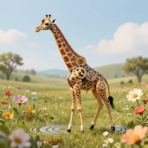 Photorealistic digital art of a giraffe standing in a vibrant, flower-filled meadow with a blue sky and distant trees.