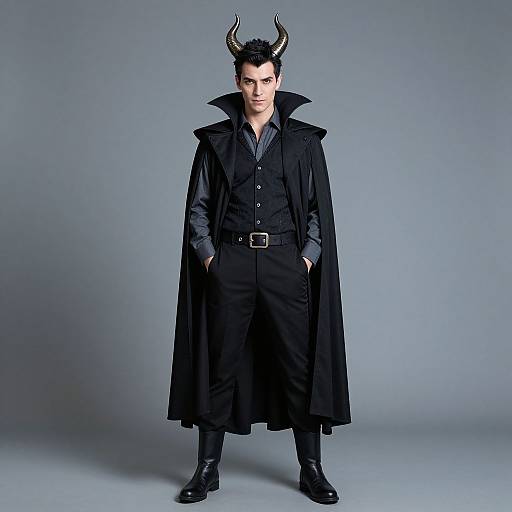Photograph of a pale-skinned man with black hair, wearing a black cape, horned helmet, dark shirt, black pants, and boots,