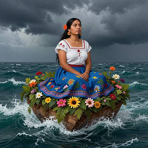 Photograph of a Latina woman with dark hair, wearing a white embroidered blouse and blue skirt adorned with flowers, sitting on a floating rock in turbulent ocean