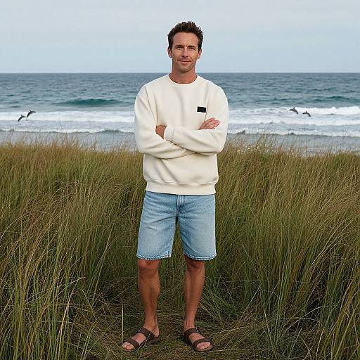 Photograph of a smiling, athletic man with short dark hair, wearing a white sweatshirt, blue denim shorts, and sandals, standing in tall grass