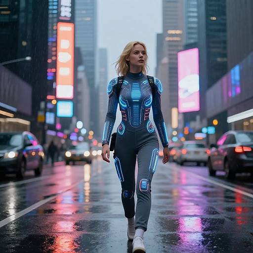 Photorealistic CGI of a blonde woman in a futuristic, neon-patterned suit walking confidently down a rainy, neon-lit city street.