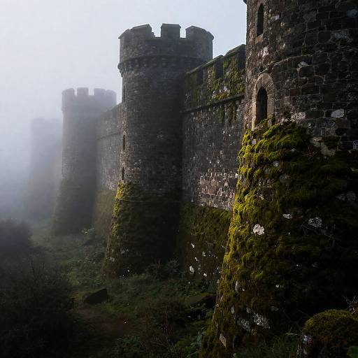 Ancient Moss-Covered Fortress in Mist