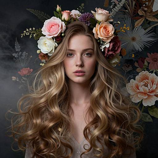 Digital portrait of a fair-skinned woman with long, wavy blonde hair, wearing a floral crown, against a dark, floral background.