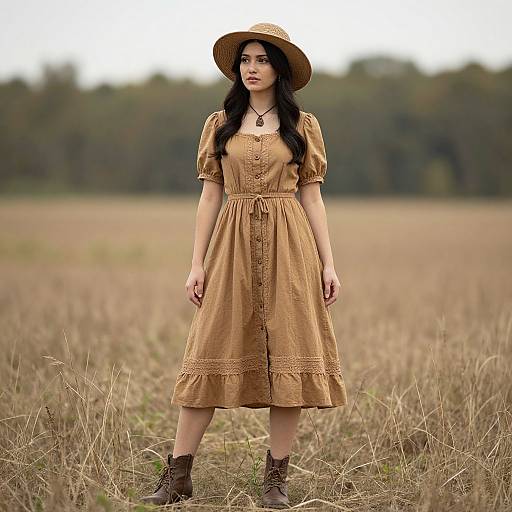 Woodstock-Inspired Woman in Brown Dress