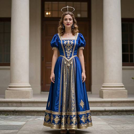 Photograph of a young woman in a blue and gold Renaissance-style dress with puffed sleeves, wearing a halo, standing in front of classical columns.