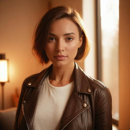 Young Woman in Brown Leather Jacket Indoors