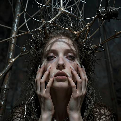 Photograph of a pale, wet-faced woman with disheveled hair, hands on cheeks, surrounded by tangled, metallic wires in a dark, eerie