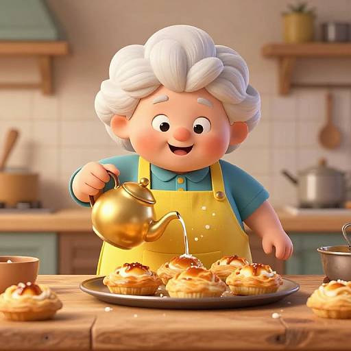 Cartoon elderly woman with white hair pours golden syrup on mini cupcakes on a wooden table in a cozy kitchen.