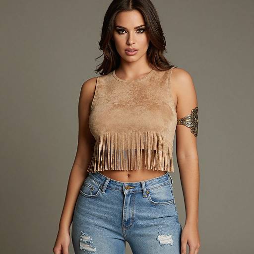 Photograph of a woman with medium brown skin, dark brown hair, wearing a beige fringe crop top and blue ripped jeans, gray background.