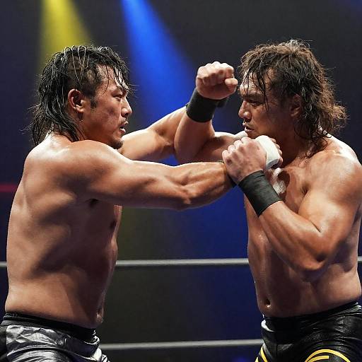 Intense Shirtless Wrestling Match Under Dramatic Lights