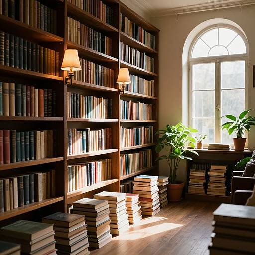 Photograph of a sunlit library with tall wooden bookshelves, stacked books, two lit wall sconces, arched window, and p