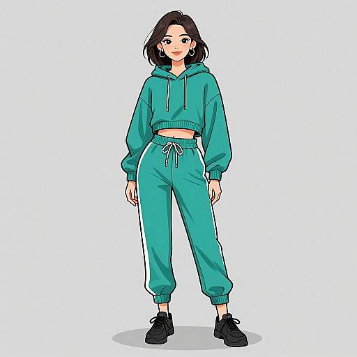 Digital anime-style drawing of a young woman with short black hair, wearing a teal hoodie and matching joggers, black sneakers, and earrings, standing against