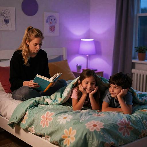 Cozy Bedroom Scene with Family Reading