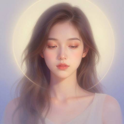 Digital painting of a serene young woman with long brown hair, soft pink eyes, pale skin, wearing a white top, halo effect behind her head,