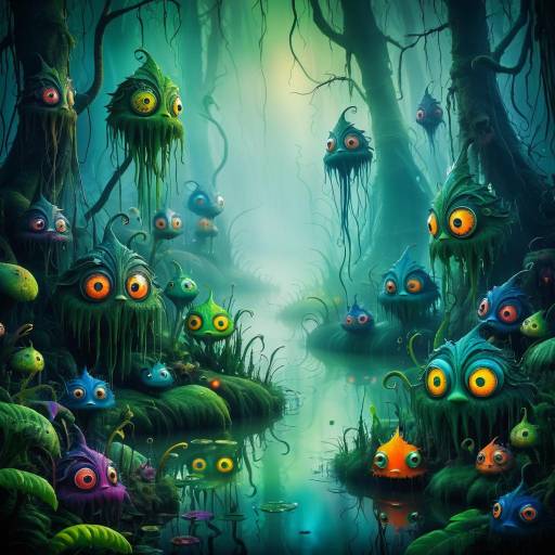 Colorful Friendly Creatures in Misty Swamp
