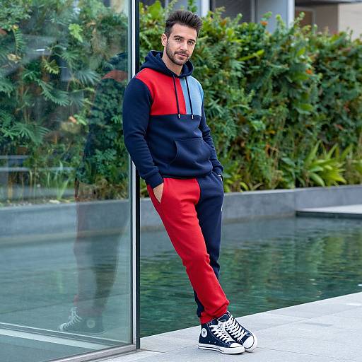 Photograph of a bearded man with short dark hair, wearing a red, blue, and black hoodie, red pants, and black-and-white sneakers