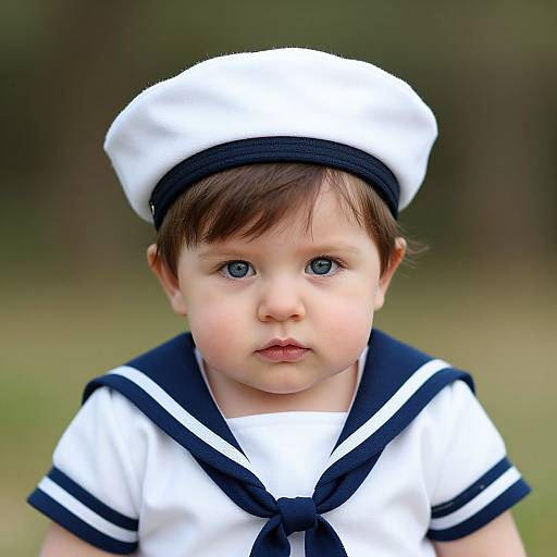 Photograph of a cute baby with blue eyes wearing a white sailor hat and navy sailor outfit, standing outdoors with blurred green background.
