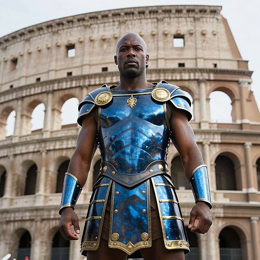 Photograph of a muscular Black man in shiny blue and gold gladiator armor standing before the Colosseum, with a serious expression.