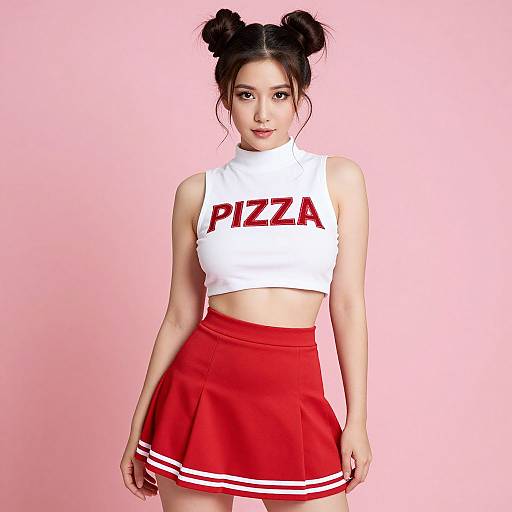 Photograph of an Asian woman with black hair in double buns, wearing a white 