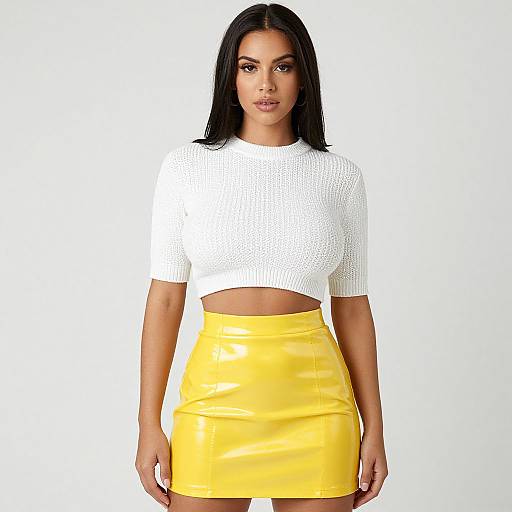 Photograph of a young woman with straight black hair, wearing a white knit crop top and a shiny yellow leather mini-skirt, standing against a plain