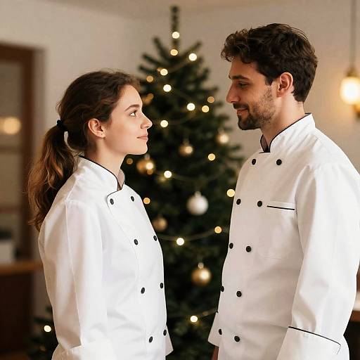 Chefs Smiling Near Christmas Tree