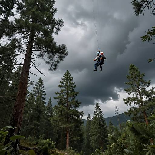 Photograph of a person zip-lining through a dense forest of tall pine trees, with dramatic, cloudy skies overhead and distant mountains in the background.