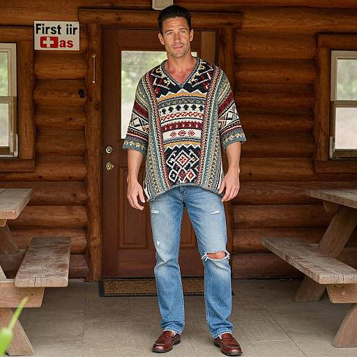Photograph of a man with short dark hair, wearing a colorful patterned shirt and ripped jeans, standing in front of a wooden cabin with 