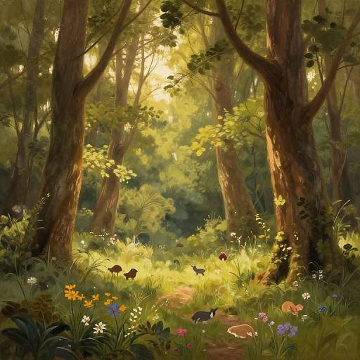 Sunlit forest scene with tall trees, colorful wildflowers, and small birds and rabbits exploring a glowing, dappled forest path. Digital painting style