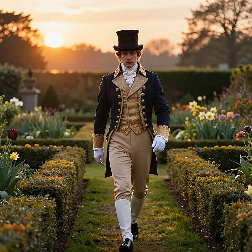 Photograph of a man in 18th-century formal attire, top hat, gold waistcoat, beige pants, white gloves, walking through a sunset