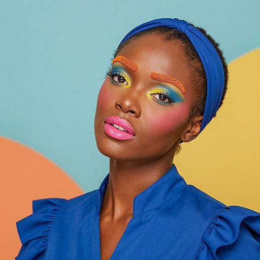 Portrait of Woman with Colorful Makeup and Blue Outfit