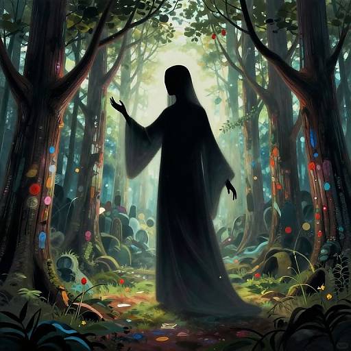 Digital artwork of a silhouetted figure in a long, flowing robe, standing in a mystical forest with glowing orbs and sunlight filtering through trees.