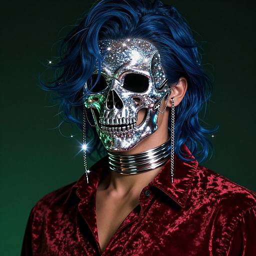 Photograph of a person with blue hair wearing a glittering silver skull mask, red velvet shirt, and metallic choker, against a dark green gradient