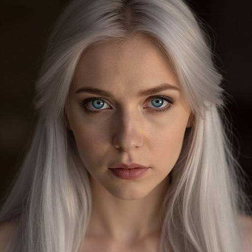 Photograph of a young woman with strikingly blue eyes, long silver hair, and pale skin, set against a dark background.
