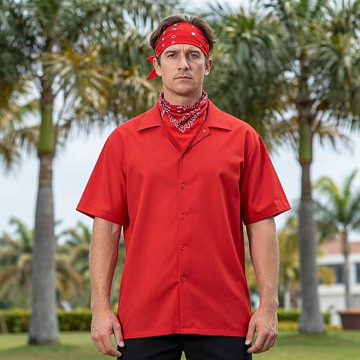 Photograph of a serious-looking man in a red short-sleeve shirt, red bandana, and black pants, standing in front of tall palm