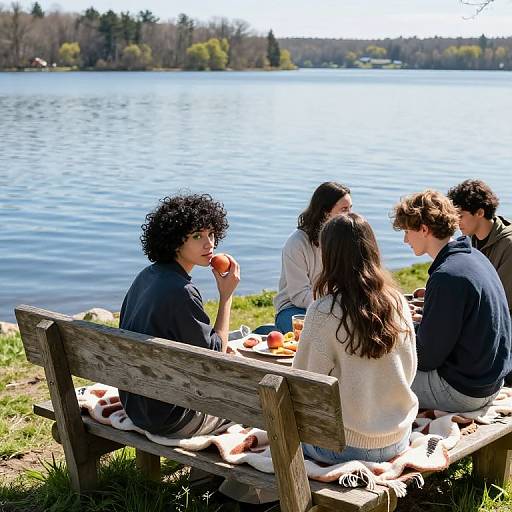Photograph of five friends sitting on a wooden bench by a serene lake, eating snacks and enjoying the sunny day.