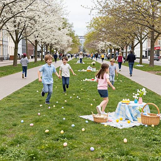 Photograph of children playing with Easter eggs on a grassy park path lined with blooming cherry blossom trees, with baskets and picnic blanket in the foreground