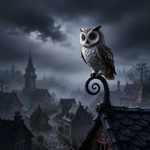 Forlorn Owl Over Eerie Foggy Village