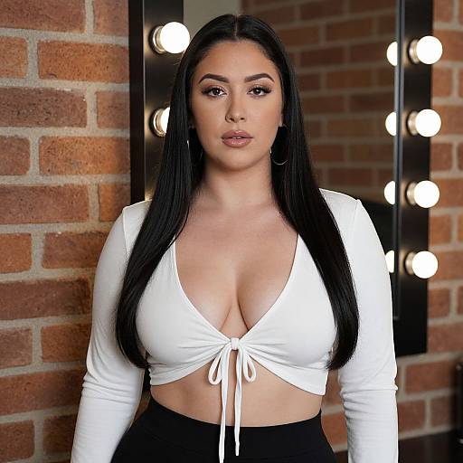 Photograph of a curvy woman with long black hair, wearing a white, deep V-neck crop top, black high-waisted pants, standing