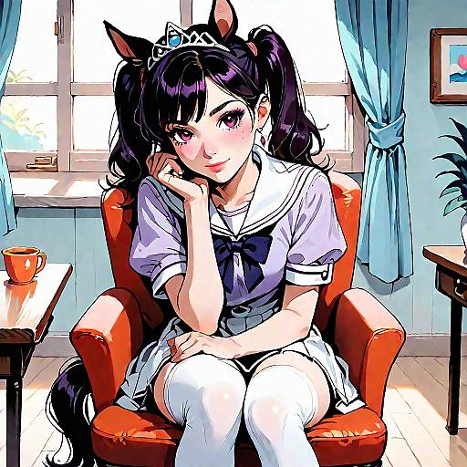 Smiling Twintail Horsegirl Sitting in Chair