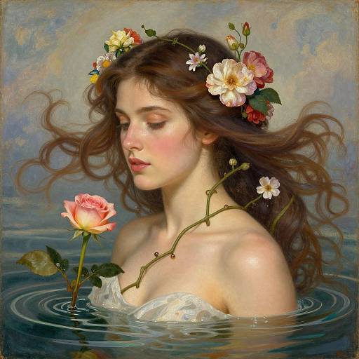 Digital painting of a fair-skinned, brown-haired woman with a flower crown, eyes closed, holding a pink rose in water, serene expression.